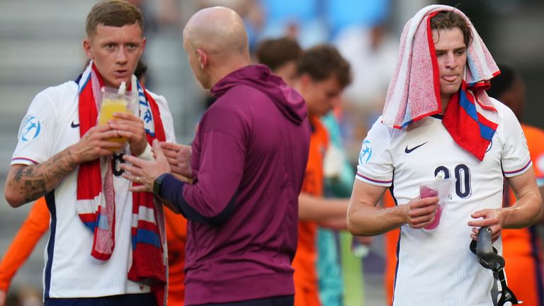 Lee Carsleygives instructions to Jay Stansfield during England's U21 Euros semi-final against the Netherlands