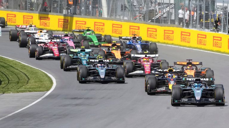 Mercedes driver George Russell, of the United Kingdom, leads the pack at the start of the F1 Canadian Grand Prix auto race in Montreal, Sunday, June 15, 2025. (Christinne Muschi/The Canadian Press via AP)