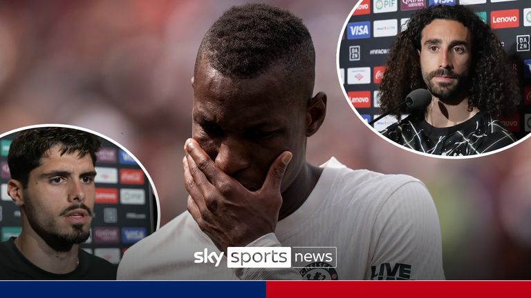 Marc Cucurella and Pedro Neto react to Nicolas Jackson's red card in Chelsea's match against Flamengo in the Club World Cup. 