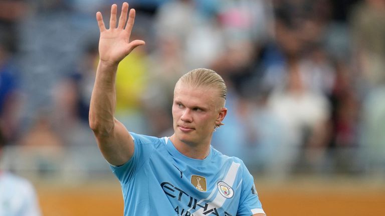 Manchester City's Erling Haaland salutes supporters after the Club World Cup Group G win over Juventus