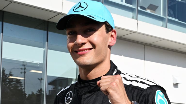 George Russell celebrates taking pole position for the Canadian Grand Prix