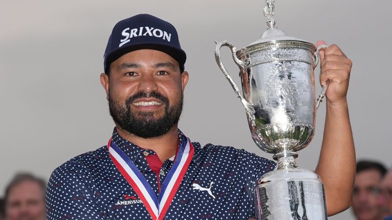 JJ Spaun celebrates after winning the US Open
