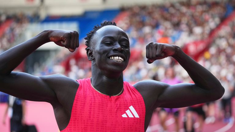 Gout Gout celebrates after winning the men's 200m during the Ostrava Golden Spike meet in Ostrava