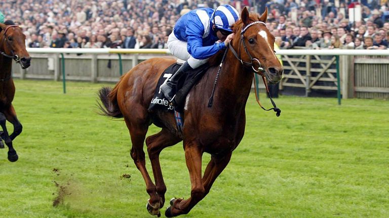 Haafhd, ridden by Richard Hills, wins the 2000 Guineas at Newmarket in 2004