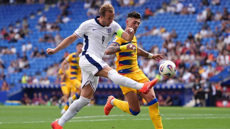 England's Harry Kane and Andorra's Marc Garcia in action during the World Cup Qualifier at the RCDE Stadium in Barcelona
