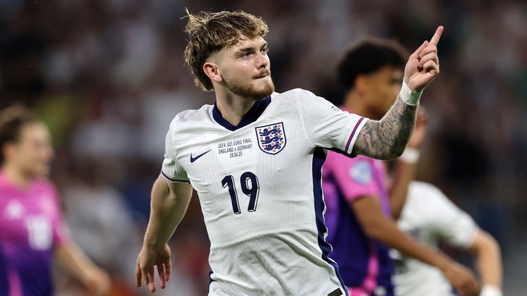 Su Harvey Elliott celebra después de abrir el puntaje antes de Alemania en la final de E21 Eur.