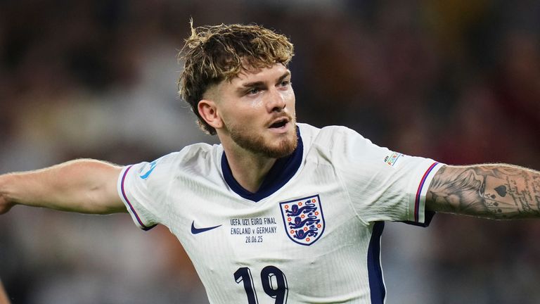 England Harvey Elliott famous after scoring the opening goal in the last European U-21 championship match between England and Germany at the National Football Stadium in Bratislava, Slovakia, Saturday, June 28, 2025.