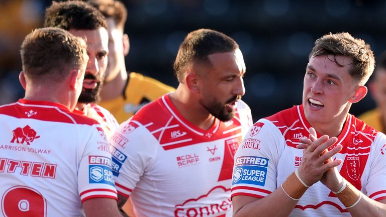 Hull KR players celebrate during dominant victory over Castleford Tigers