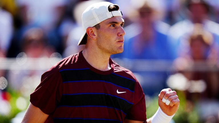 Jack Draper celebrates during his match against Alexei Popyrin on day 10 of the HSBC Championships at The Queen's Club