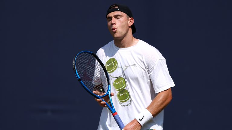 The British Jack Draper reacts during the Experience session on the fifth day of 2025 HSBC championships in the Queen Club on June 13, 202