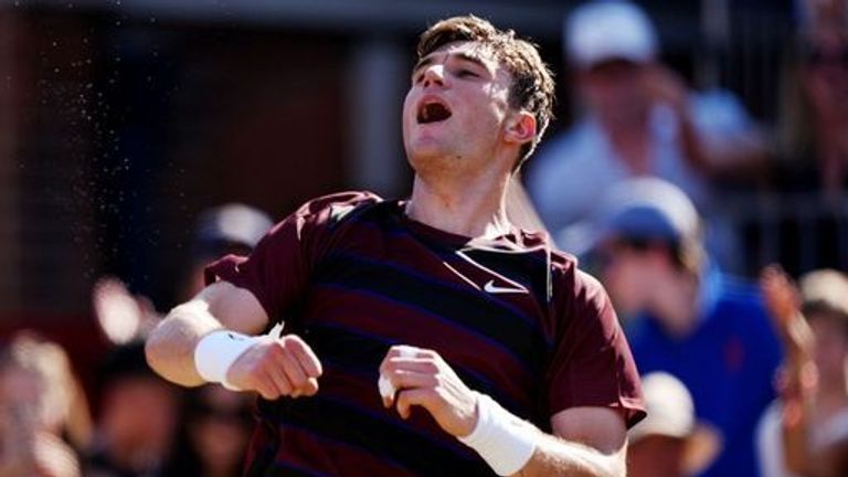 Jack Draper celebrates winning his match against Alexei Popyrin on day ten of the HSBC Championships at The Queen's Club, London. Picture da