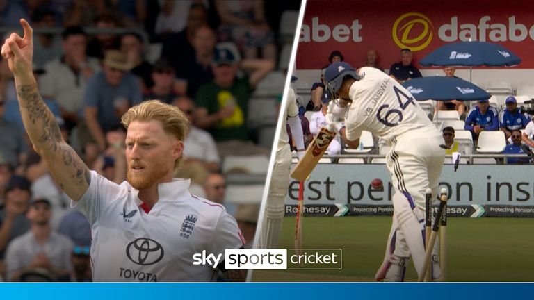 Ben Stokes bowls Yashasvi Jaiswal after the young Indian batter reaches a century as England look to limit India's impressive lead on day one of the first Test. 