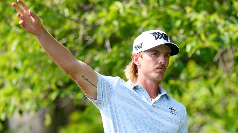 CALEDON, ON - JUNE 08: Jake Knapp of the United States reacts after hitting his tee shot on the 16th hole during the Final Round of the RBC Canadian Open at TPC Toronto at Osprey Valley on June 08, 2025 in Caledon, Ontario, Canada. (Photo by Julian Avram/Icon Sportswire) (Icon Sportswire via AP Images)