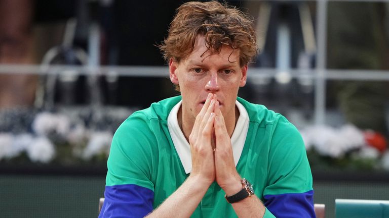 Second placed Italy's Jannik Sinner reacts after the final match of the French Tennis Open against Spain's Carlos Alcaraz at the Roland-Garr