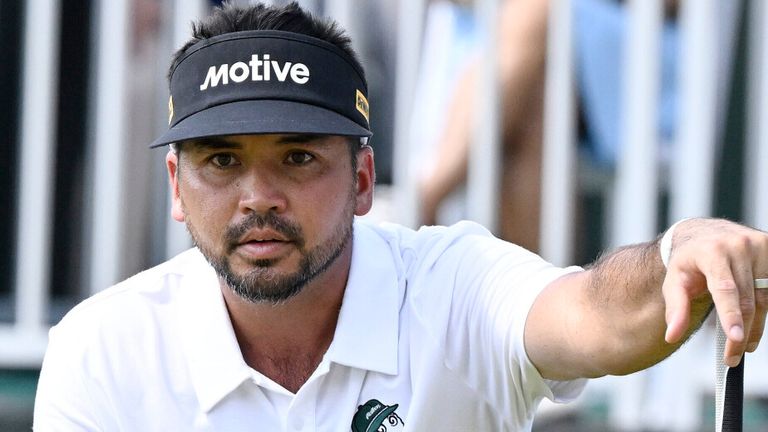 Jason Day, from Australia, lines up his putt on the ninth hole during the final round of the Travelers Championship golf tournament at TPC River Highlands, Sunday, June 22, 2025, in Cromwell, Conn. (AP Photo/Jessica Hill)
