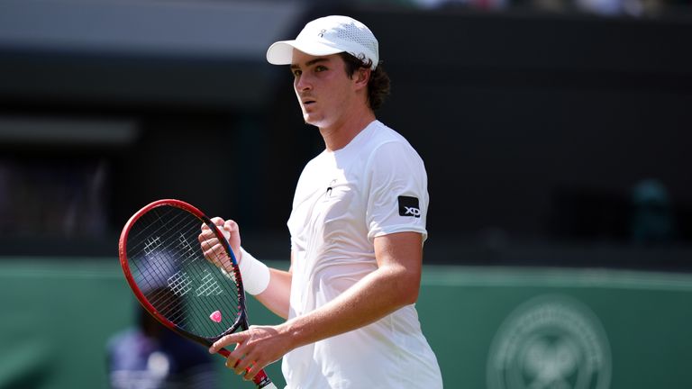 Joao Fonseca during his match against Jacob Fearnley on day one of the 2025 Wimbledon Championships at the All England Lawn Tennis and Croqu