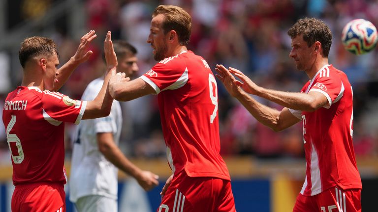 Bayern Munich's Joshua Kimmich, Harry Kane and Thomas Muller celebrate after a goal against Auckland City in the Club World Cup