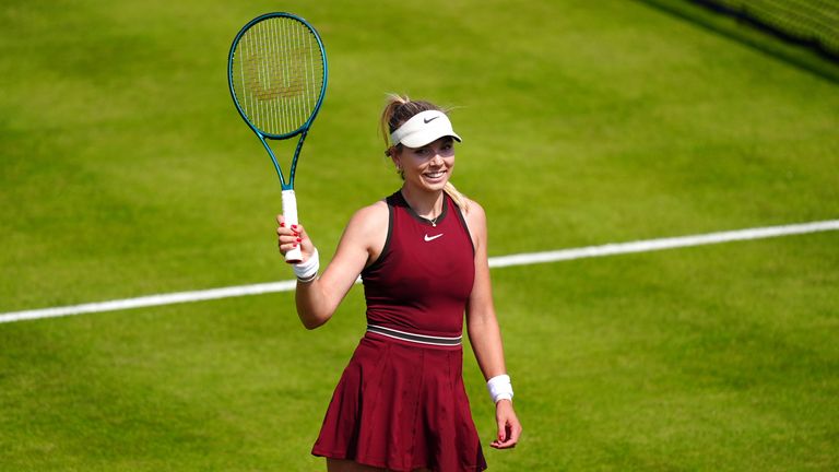 Katie Boulter reacts during her match against Lulu Sun on day two of the Lexus Nottingham Open at the Lexus Nottingham Tennis Centre, Nottin