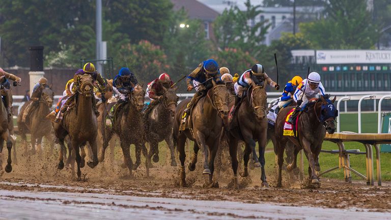 Sovereignty (dark blue cap) wins the Kentucky Derby, ahead of Journalism and Baeva