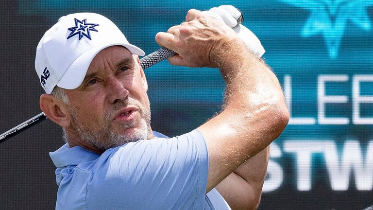 Co-Captain Lee Westwood of Majesticks GC hits his shot from the first tee during the final round of LIV Golf Miami at Trump National Doral