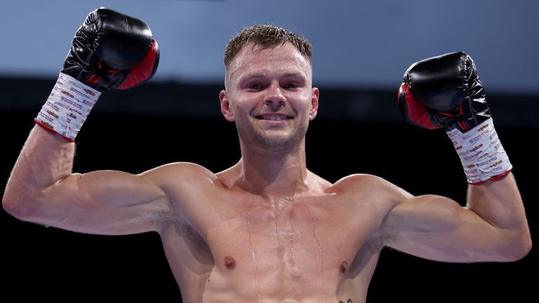 Lewis Richardson celebrates winning his fight against Dmitiri Protkunas at Portman Road Stadium, Ipswich.