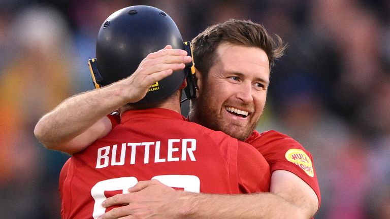 Liam Dawson celebrates one of his four wickets on his England returns as the hosts beat West Indies by 21 runs in the first T20I