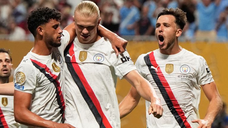 Man City's Erling Haaland (centre) celebrates with team-mates after scoring against Al Ain in the Club World Cup
