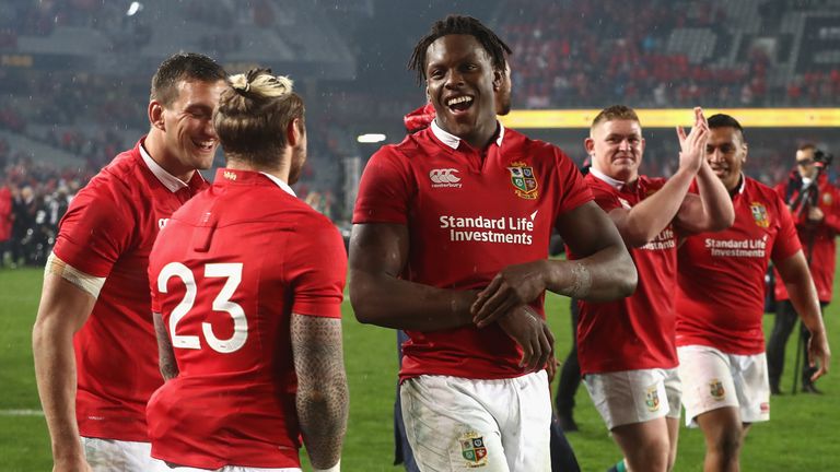 Maro Itoje celebrates after the second Test match between New Zealand and the British & Irish Lions in 2017 in Auckland, New Zealand.