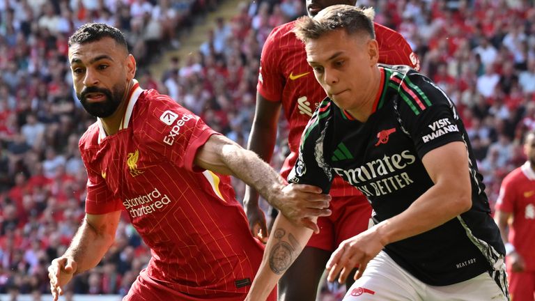 Mohamed Salah of Liverpool battles for possession with Leandro Trossard of Arsenal