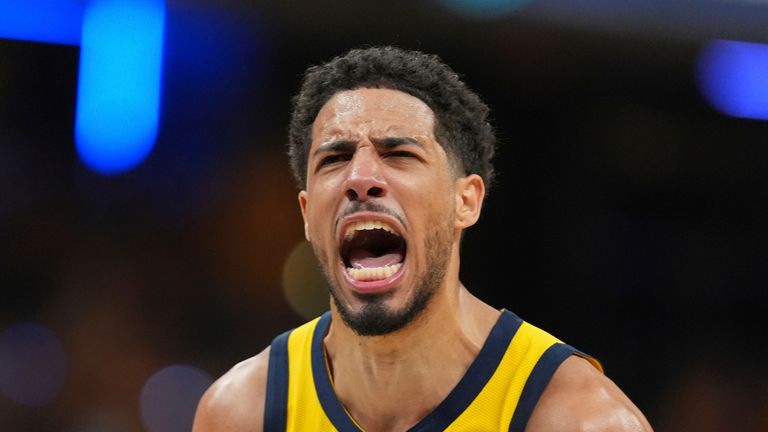 Indiana Pacers guard Tyrese Haliburton celebrates a basket against the Oklahoma City Thunder during their 116-107 win in Game 3