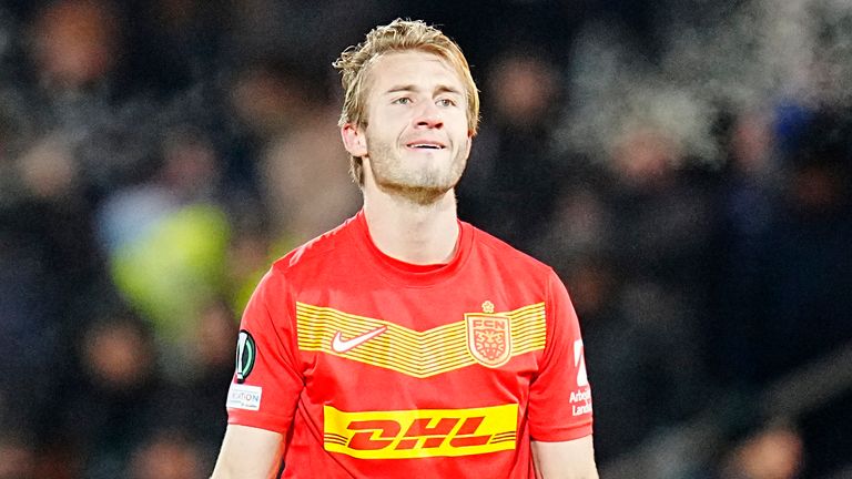 FC Nordsjaelland's Benjamin Nygren celebrates scoring during the Europa Conference League Group H soccer match between FC Nordsjaelland and Fenerbache at Right To Dreams Park in Farum, Denmark, Thursday, Nov. 30, 2023. (Liselotte Sabroe/Ritzau Scanpix via AP)