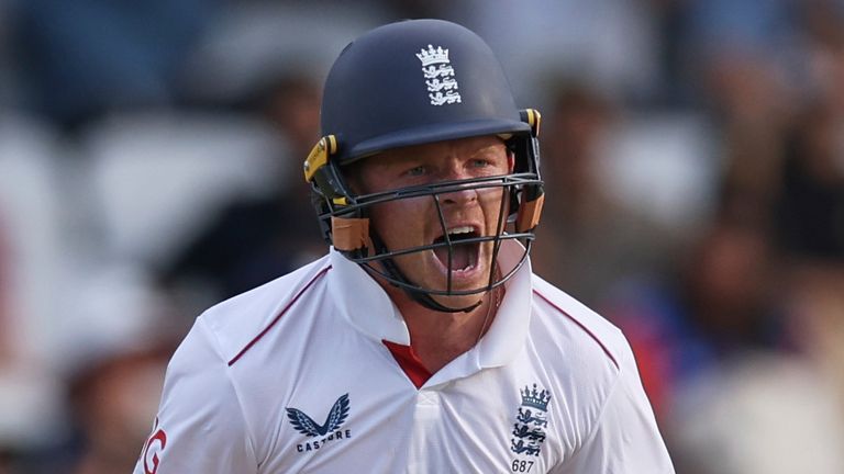 England's Ollie Pope celebrates after scoring a century on day two of the first cricket test match between England and India at Headingley in Leeds, England, Saturday, June 21, 2025. (AP Photo/Scott Heppell)