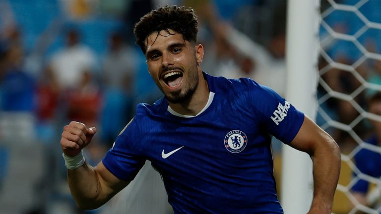 Chelsea's Pedro Neto celebrates after scoring his side's third goal against Benfica during the Club World Cup round of 16 soccer match between Benfica and Chelsea in Charlotte, N.C., Saturday, June 28, 2025. (AP Photo/Nell Redmond)