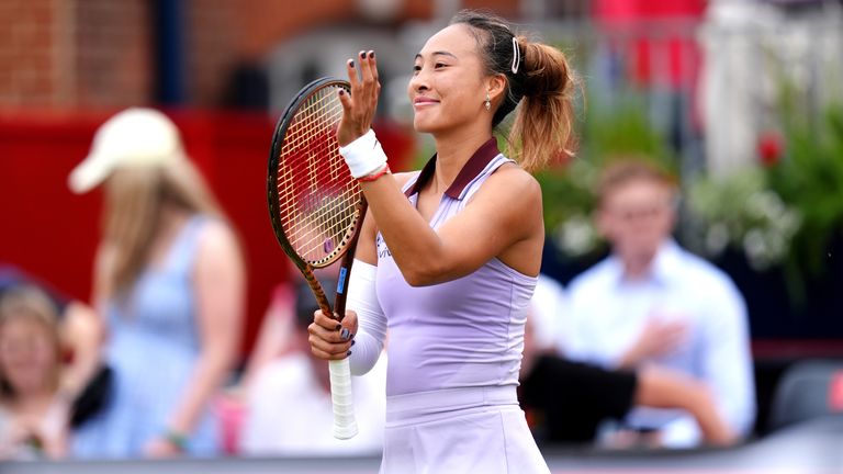 Qinwen Zheng celebrates victory against Emma Raducanu on day five of the HSBC Championships at The Queen's Club, London. Picture date: Frida
