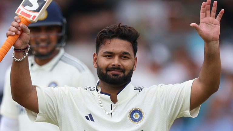 India's Rishabh Pant celebrates after scoring a century on day two of the first cricket test match between England and India at Headingley in Leeds, England, Saturday, June 21, 2025, (AP Photo/Scott Heppell)