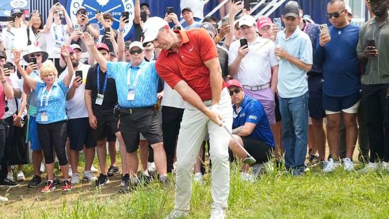 Rory McIlroy hits a chip shot from the rough during the second round of the Canadian Open (Nathan Denette/The Canadian Press via AP)