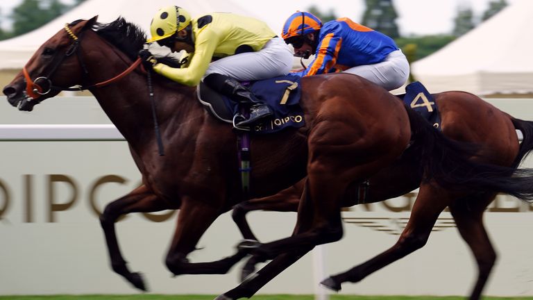 Rosallion, ridden by Sean Levey, on the way to winning the St James's Palace Stakes at Royal Ascot in 2024
