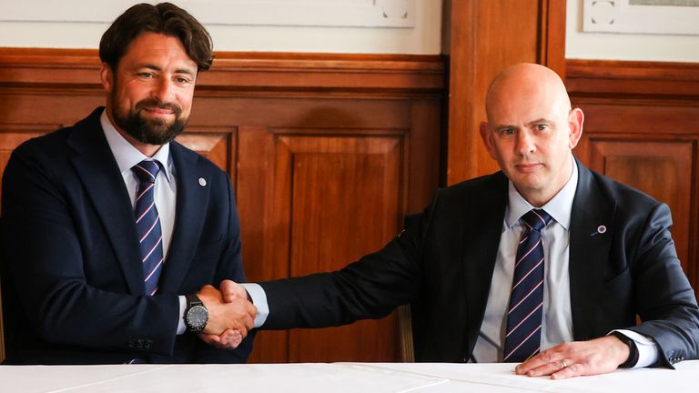 GLASGOW, SCOTLAND - JUNE 05:  Russell Martin is unveiled as the new Head Coach of Rangers Football Club alongside Rangers Chief Executive Officer Patrick Stewart at Ibrox Stadium, on June 05, 2025, in Glasgow, Scotland. (Photo by Craig Williamson / SNS Group)