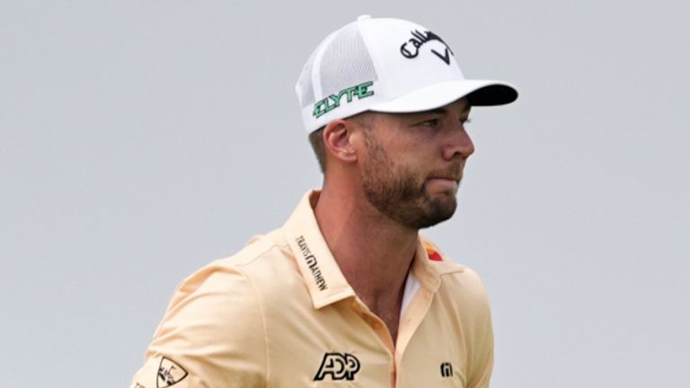 Sam Burns celebrates after making a putt on the third hole during the second round of the U.S. Open golf tournament at Oakmont Country Club Friday, June 13, 2025, in Oakmont, Pa. (AP Photo/Seth Wenig)