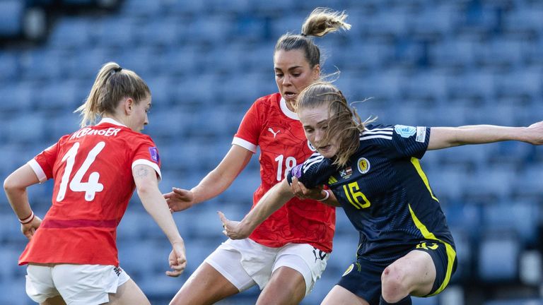 GLASGOW, SCOTLAND - MAY 30: Scotland's Amy Rodgers (R) in action during a UEFA Women's Nations League A Group 1 match between Scotland and Austria at Hampden Park, on May 30, 2025, in Glasgow, Scotland. (Photo by Craig Foy / SNS Group)