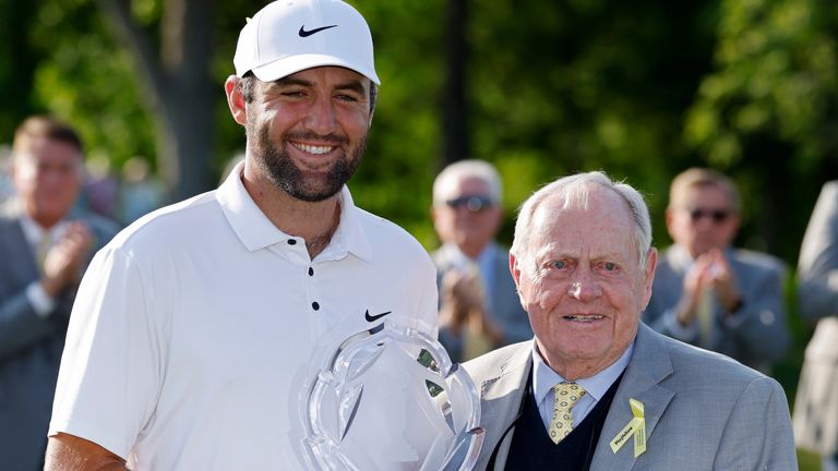 DUBLIN, OH - JUNE 01: Scottie Scheffler (USA) with Jack Nicklaus following his win in the final round of the Memorial Tournament presented by Workday 2025 on June 01, 2025 at Muirfield Village Golf Club in Dublin, Ohio. (Photo by Joe Robbins/Icon Sportswire) (Icon Sportswire via AP Images)