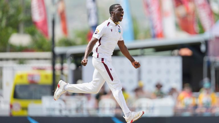 West Indies' Shamar Joseph celebrates taking the wicket of Australia's Beau Webster during day one of the first cricket Test match at Kensington Stadium in Bridgetown, Barbados, Wednesday, June 25, 2025. (AP Photo/Ricardo Mazalan)