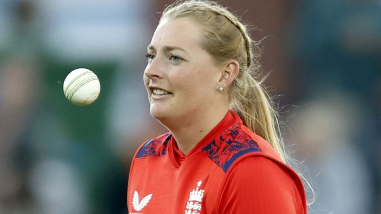 Sophie Ecclestone playing for England against New Zealand in a T20