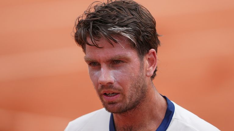 The British Cameron Nuri is looking at Federico Gomez in Argentina during the second match of the French Open, at the Roland Garros stadium, in Paris, Thursday, May 29, 2025. (AP Photo/Lindsey Wasson)