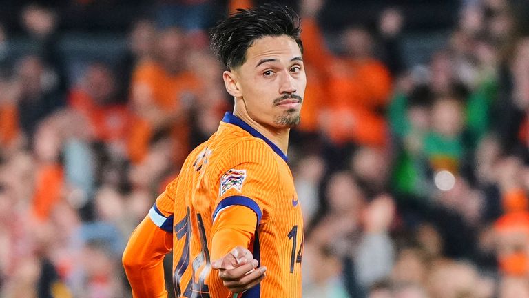 Netherlands' Tijjani Reijnders celebrates after scoring against Spain in March 2025