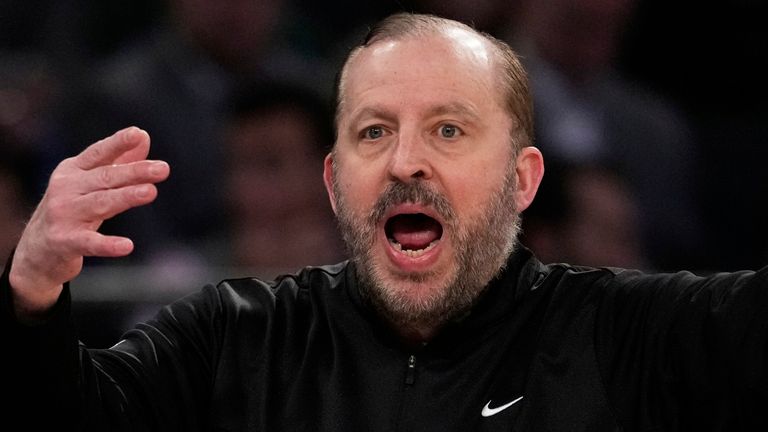 New York Knicks head coach Tom Thibodeau during the first half of an NBA basketball game against the Cleveland Cavaliers Friday, April 11, 2025, in New York. (AP Photo/Seth Wenig)