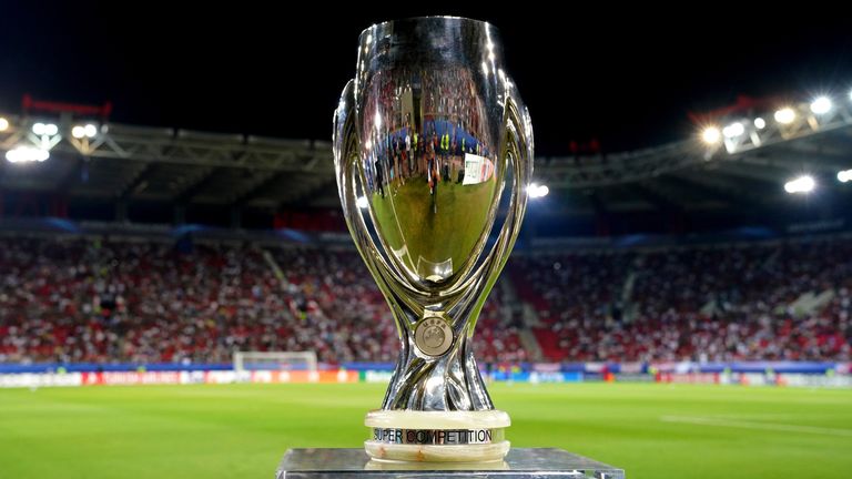 The UEFA Super Cup trophy on display ahead of the UEFA Super Cup match at the Georgios Karaiskakis Stadium, Piraeus. Picture date: Wednesday