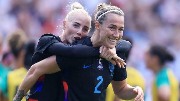 Lucy Bronze is congratulated by team-mate Alex Greenwood after scoring England's second goal against Jamaica