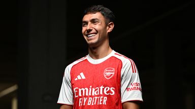 New Arsenal signing Martin Zubimendi poses for a photo at the Emirates Stadium