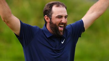 Scottie Scheffler celebrates after winning The Open after carding a final-round 68 to win by four shots
